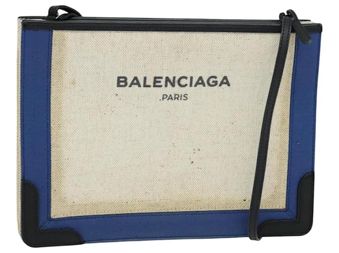 Borsa a spalla pochette BALENCIAGA in tela rivestita beige e blu Auth bs22669