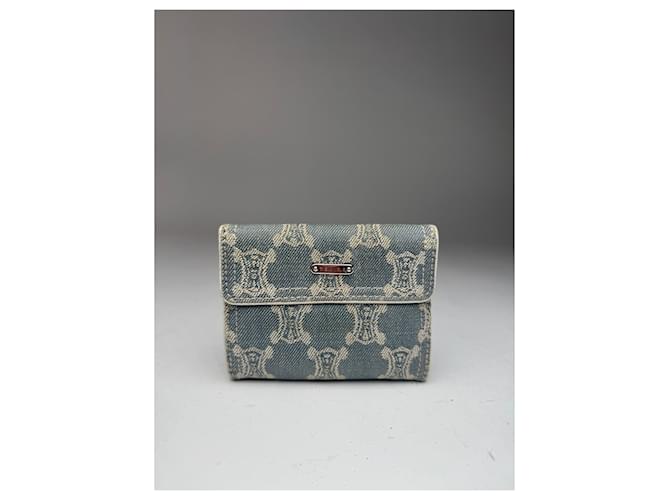 Céline Portafoglio vintage Celine Paris in denim pelle monogramma bianco blu