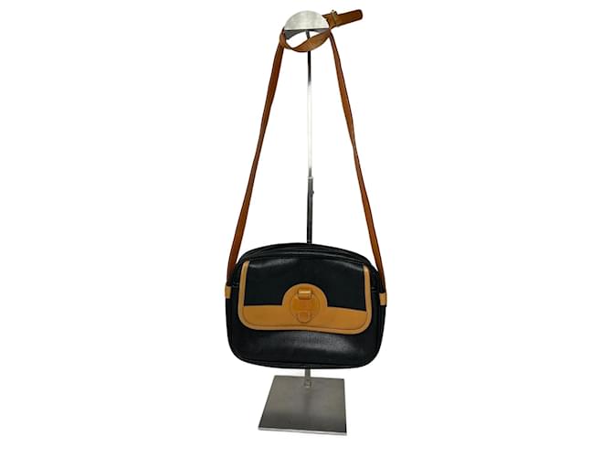 Borsa a tracolla in pelle vintage Courreges Paris nera e marrone Nero