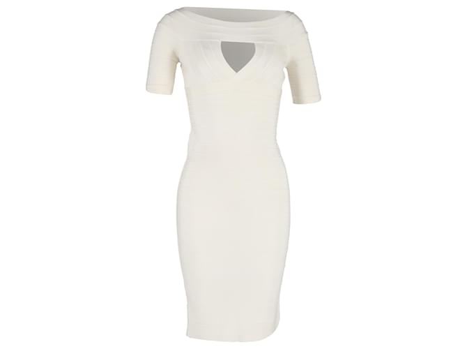 Abito al ginocchio con scollatura a barca in rayon bianco Herve Leger Crudo