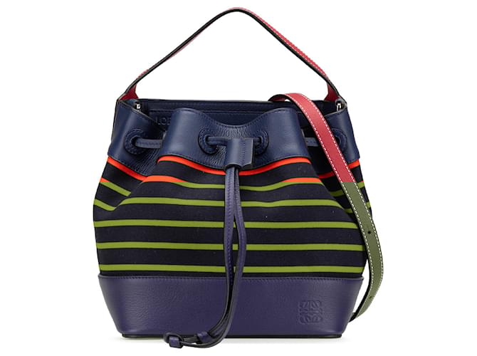 Secchiello di mezzanotte in pelle blu e tela a righe LOEWE Arancione Blu navy