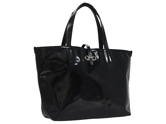 Borsa a mano Gancini Salvatore Ferragamo in pelle verniciata nera argento autentica hk2206 Nero