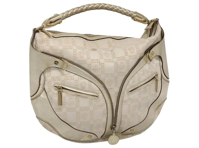 Borsa a spalla Gianni Versace in tela e pelle bianca dorata Auth bs23095 Bianco D'oro