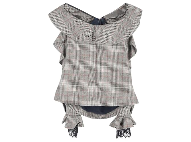 Self portrait Blusa a quadri con volantini e spalle scoperte in lana grigia Blu chiaro