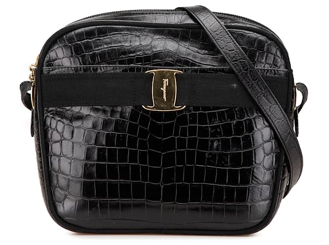 Salvatore Ferragamo Borsa a tracolla in pelle nera goffrata Vara di Ferragamo Nero