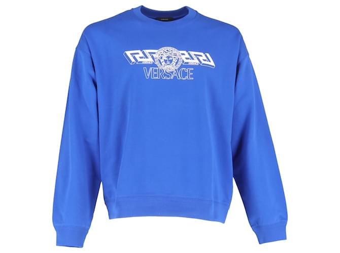 Felpa in cotone blu con logo stampato Medusa di Versace