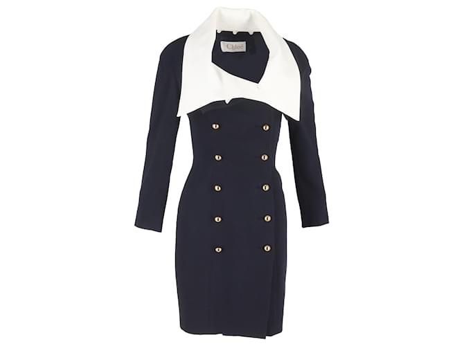 Chloé Abito mini doppiopetto con colletto oversize in lana blu navy