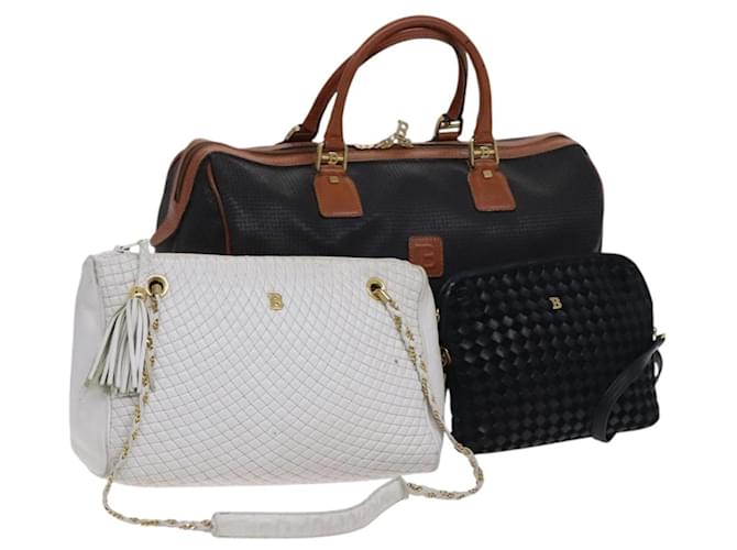 Borsa Boston a spalla in pelle BALLY INTRECCIATO 3 pezzi nero bianco Auth bs23216