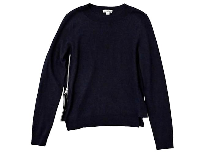 Whistles Maglione in maglia morbida in lana merino e cotone con zip laterale, blu navy, taglia M
