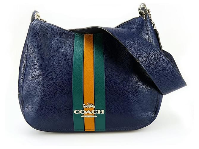 BORSA A SPALLA IN PELLE USED COACH F80643 NAVY Blu