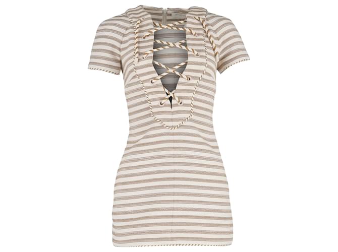 Abito mini a righe in cotone beige con lacci Zimmermann