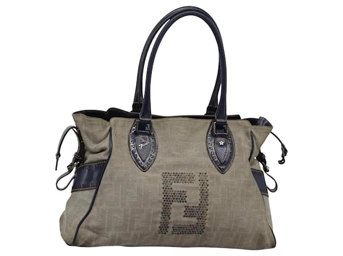 Borsa tote in tela FENDI Zucca Tela Grigio Navy Auth bs22666 Marrone Blu navy