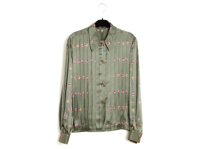 Chloe 1995s Top FR40 Camicia in seta plissettata verde UK12 US10 Lagerfeld Chloé