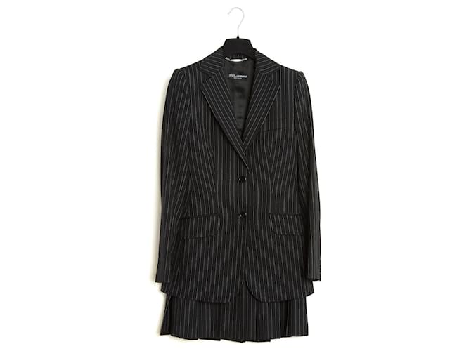 Completo Dolce & Gabbana FR36 Giacca in Lana Nera a Righe Mini Gonna UK8 US6 Nero