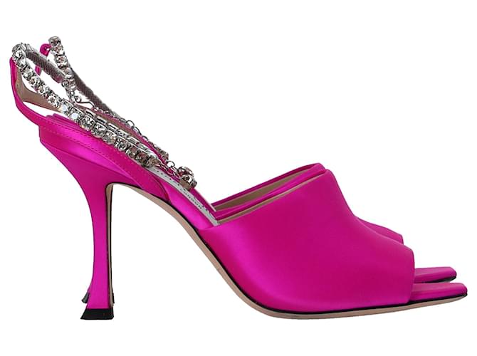 Sandali Jimmy Choo Saeda 90 con decorazione in catena di cristallo in raso rosa Marrone