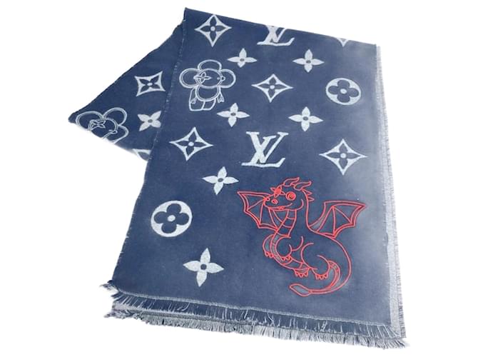 Sciarpa a frange Vivienne Dragonne di Louis Vuitton Rosso Blu navy