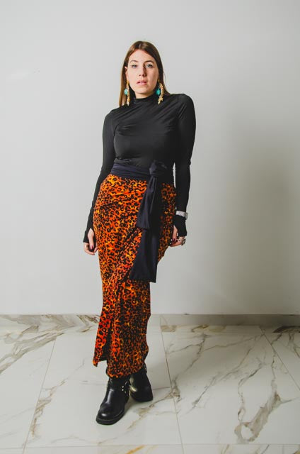 Gonna sartoriale MIRI in maglina animalier con cintura a contrasto