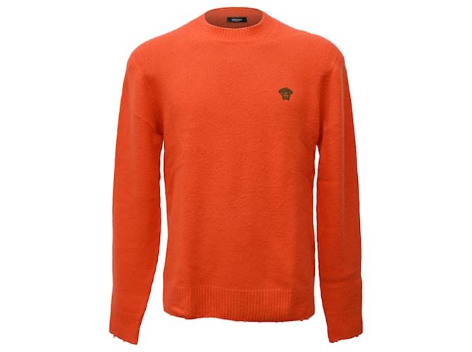 Maglione in lana arancione lavorato a maglia e rovinato Versace