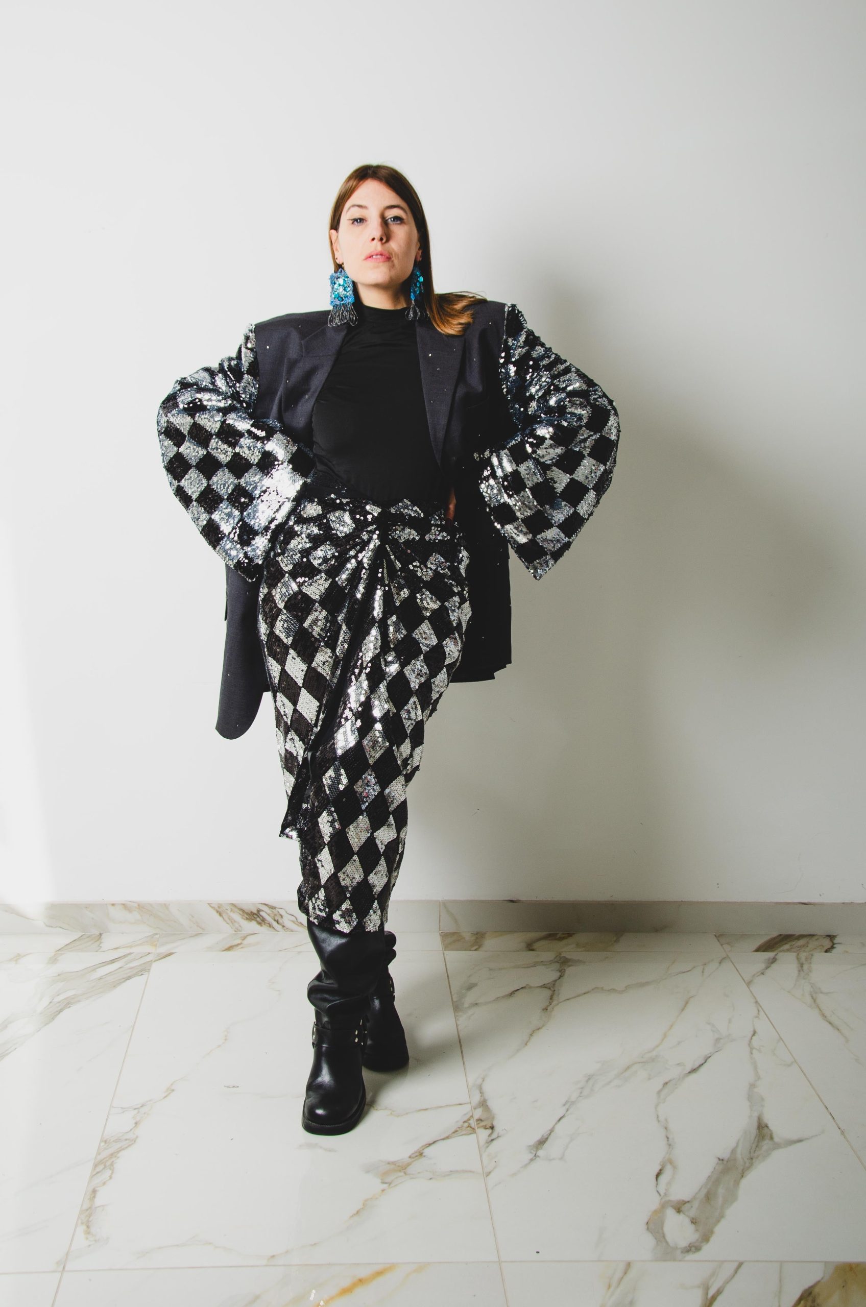 Gonna sartoriale MIRI in paillettes argento e nero a quadri