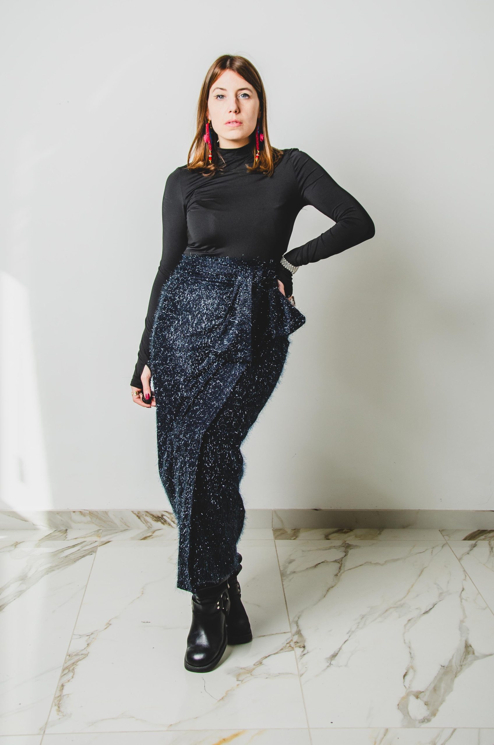 Gonna sartoriale MIRI blu con frange in lurex