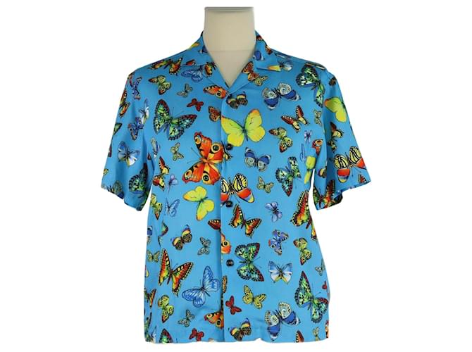 Autre Marque Camicia a maniche corte blu/multicolore con stampa di farfalle per bambini Versace
