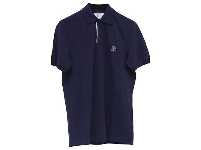 Polo in cotone blu navy con ricamo del logo Brunello Cucinelli