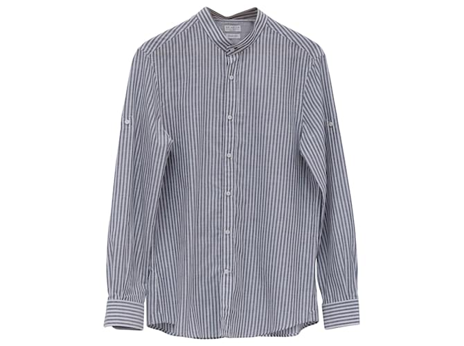 Camicia a bottoni Easy Fit Brunello Cucinelli in lino grigio e bianco