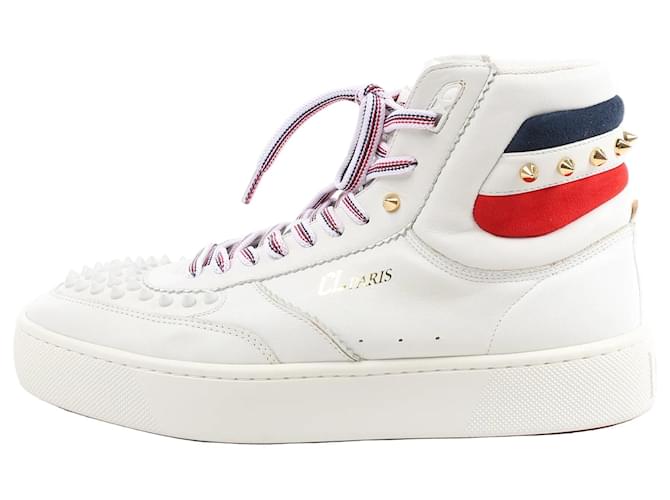 Sneakers alte in pelle con borchie Spike di Christian Louboutin in bianco, taglia 42,5 EU