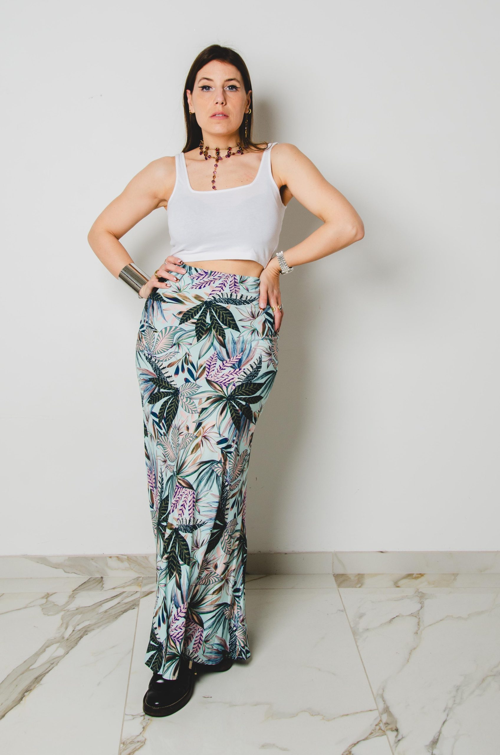 247 Gonna sartoriale EASY in viscosa azzurra a fiori Taglia 1