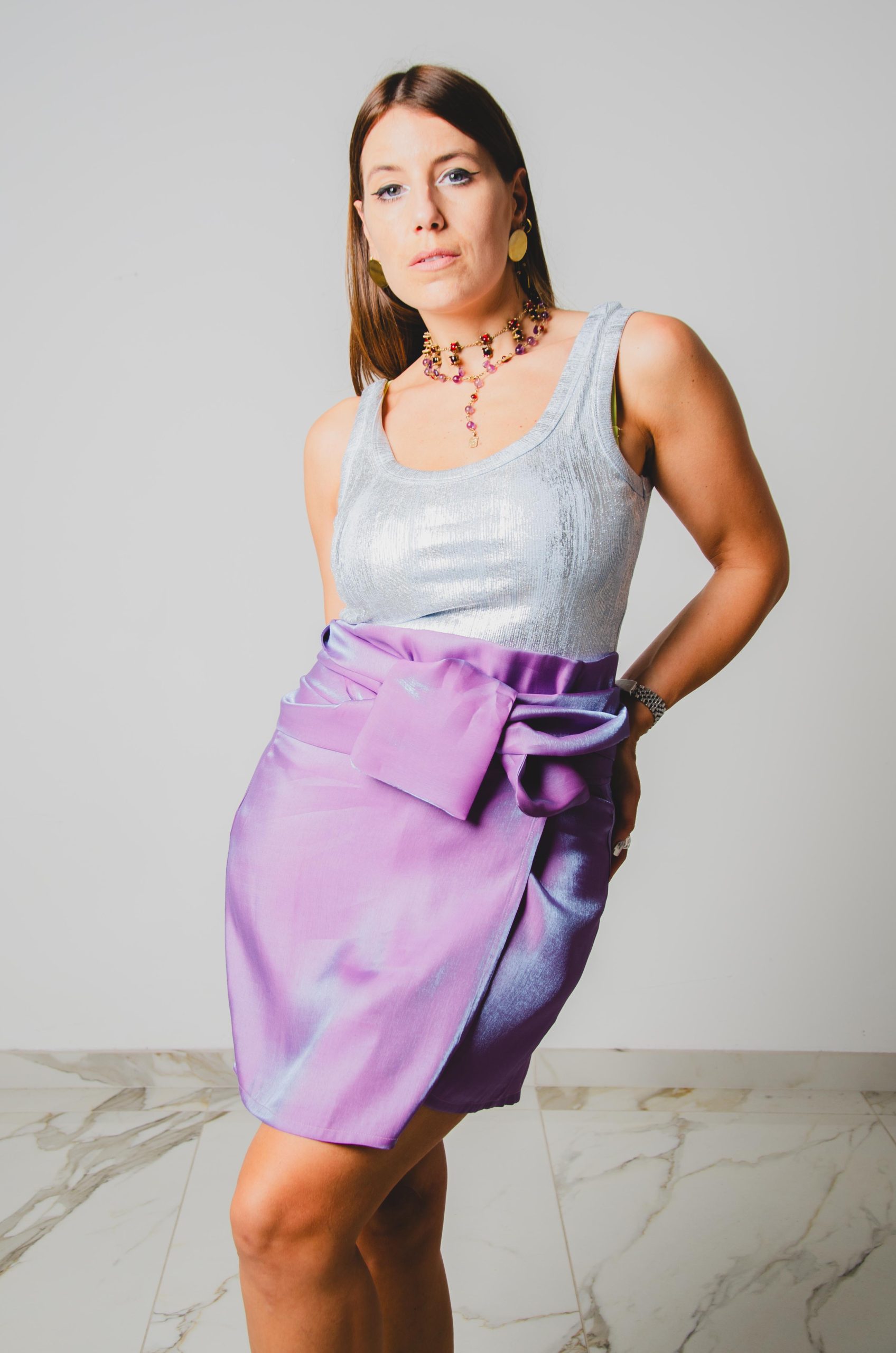 259 Gonna multiposizione mini MIRI in viscosa trilobata metallizzata viola