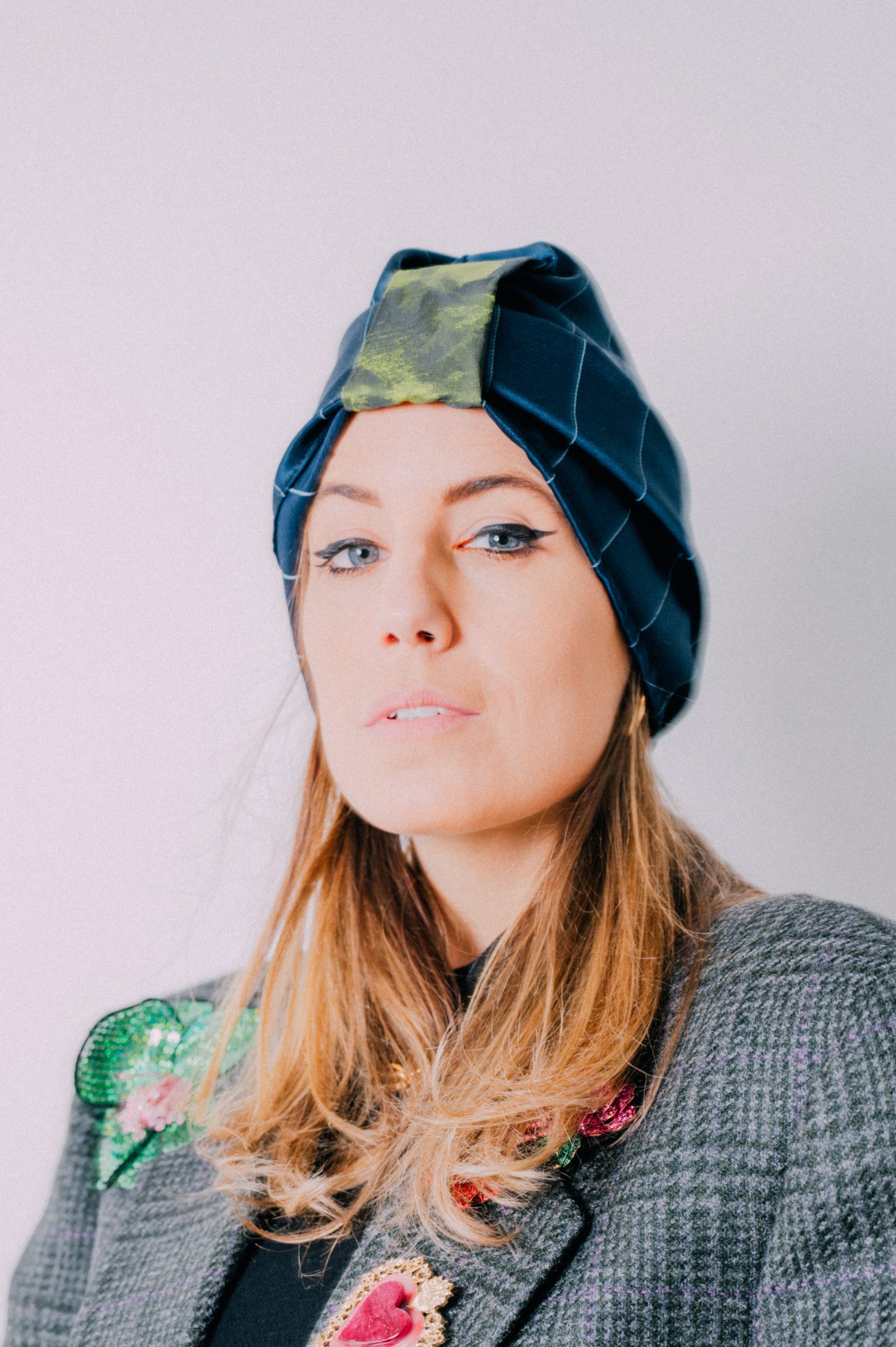 Turbante in viscosa blu gessato - taglia M