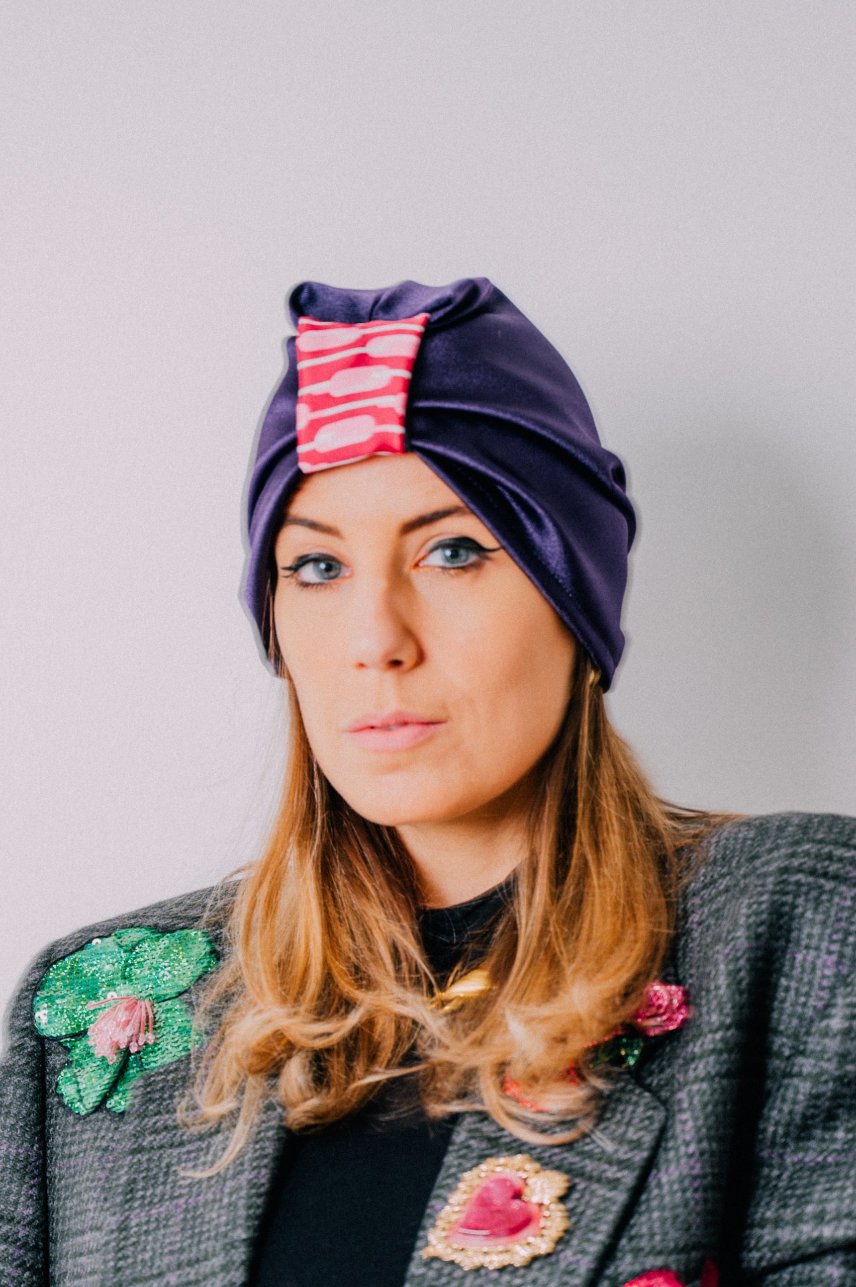 Turbante in satin viola - taglia S