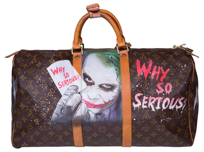 Abbesses Bellissima borsa da viaggio Louis Vuitton Keepall 50 in tela monogramma personalizzata "Batman Vs Joker" Marrone