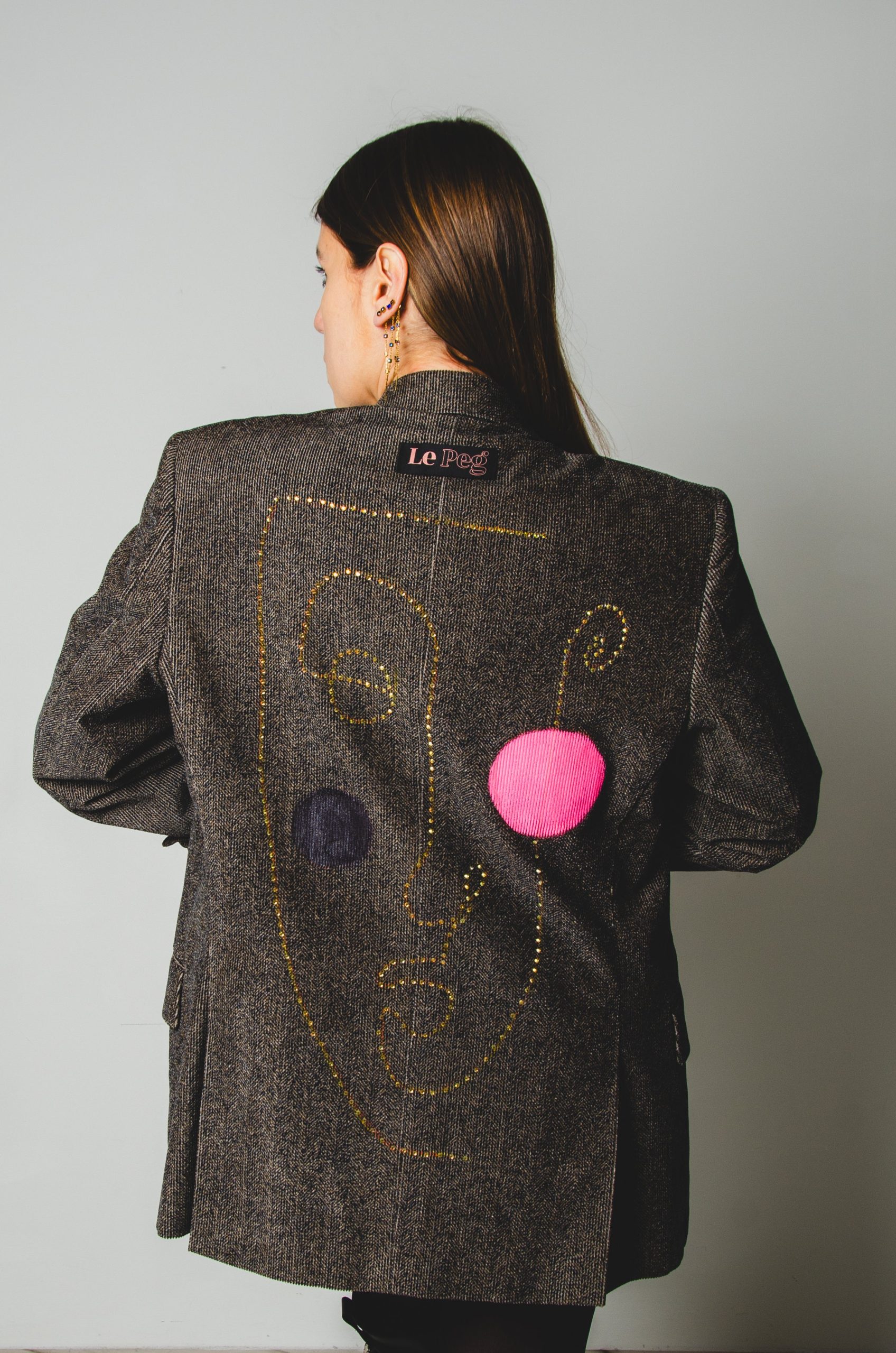 313 Giacca Armani grigia a costine con illustrazione di strass e colori Tg 48/50