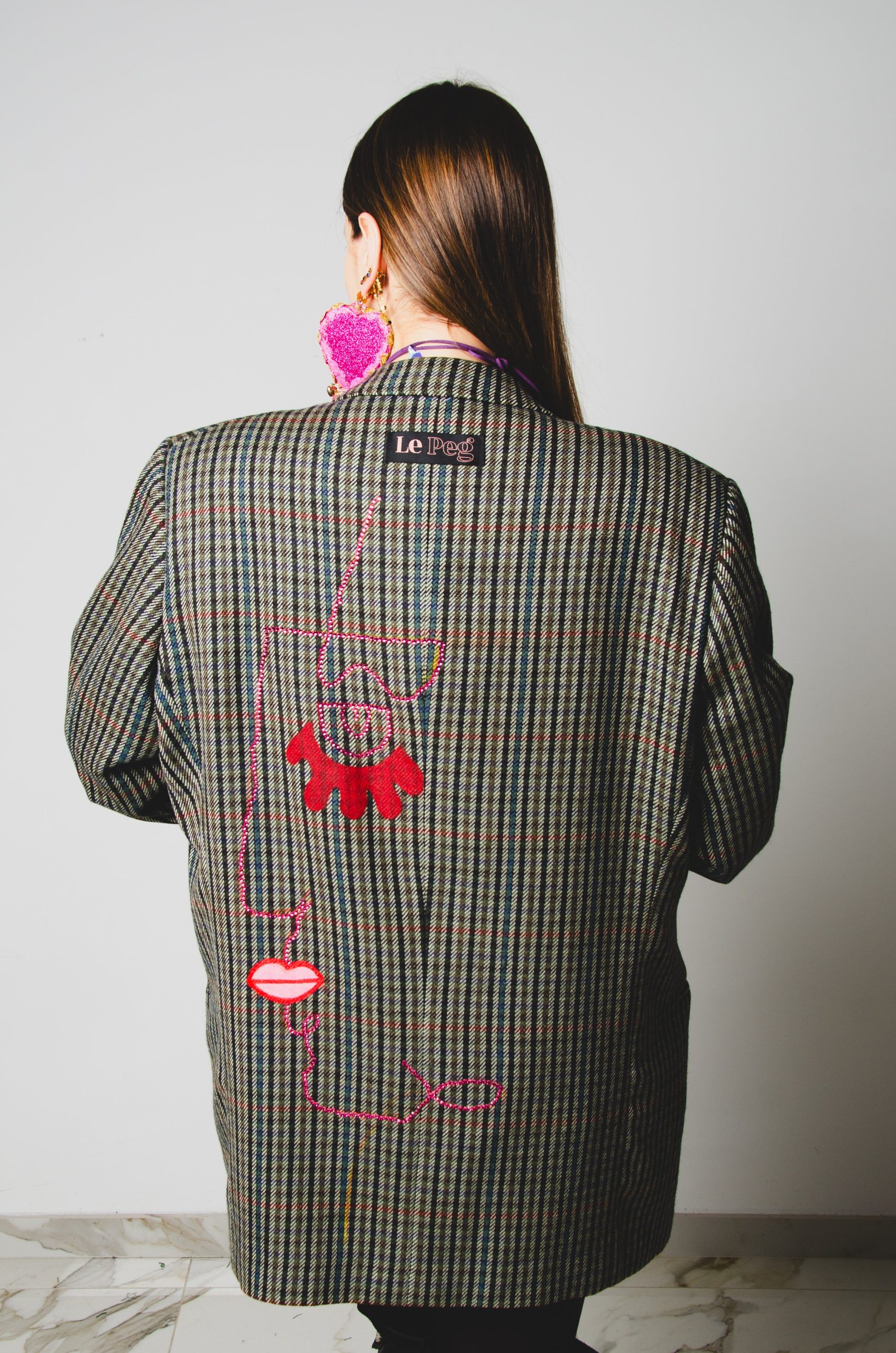 314 Giacca principe di Galles in lana Tg 54 con illustrazione di strass e colori