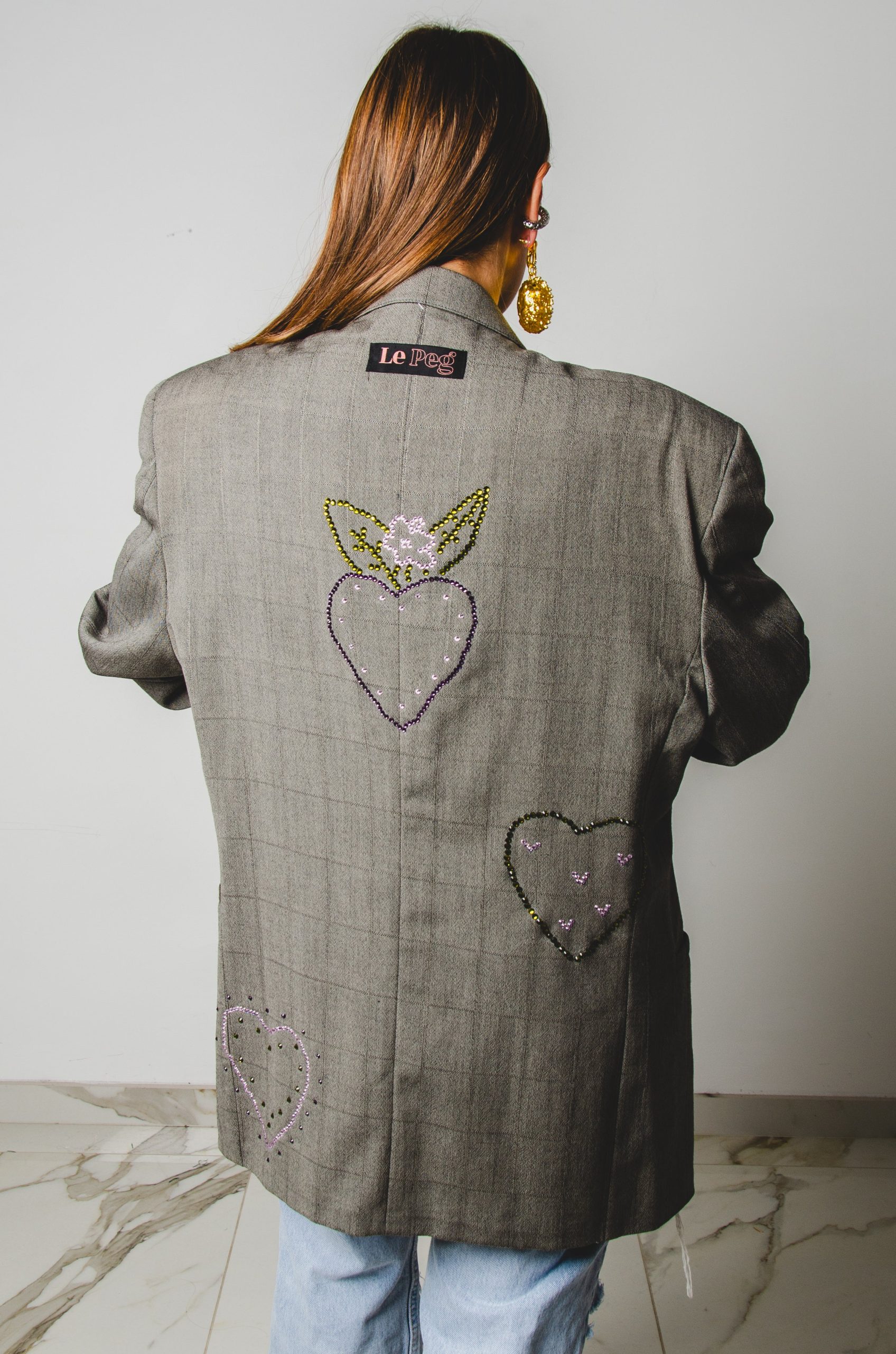 322 Giacca a quadri grigia in pura lana vergine - sfoderata - tg 54 con cuori di strass