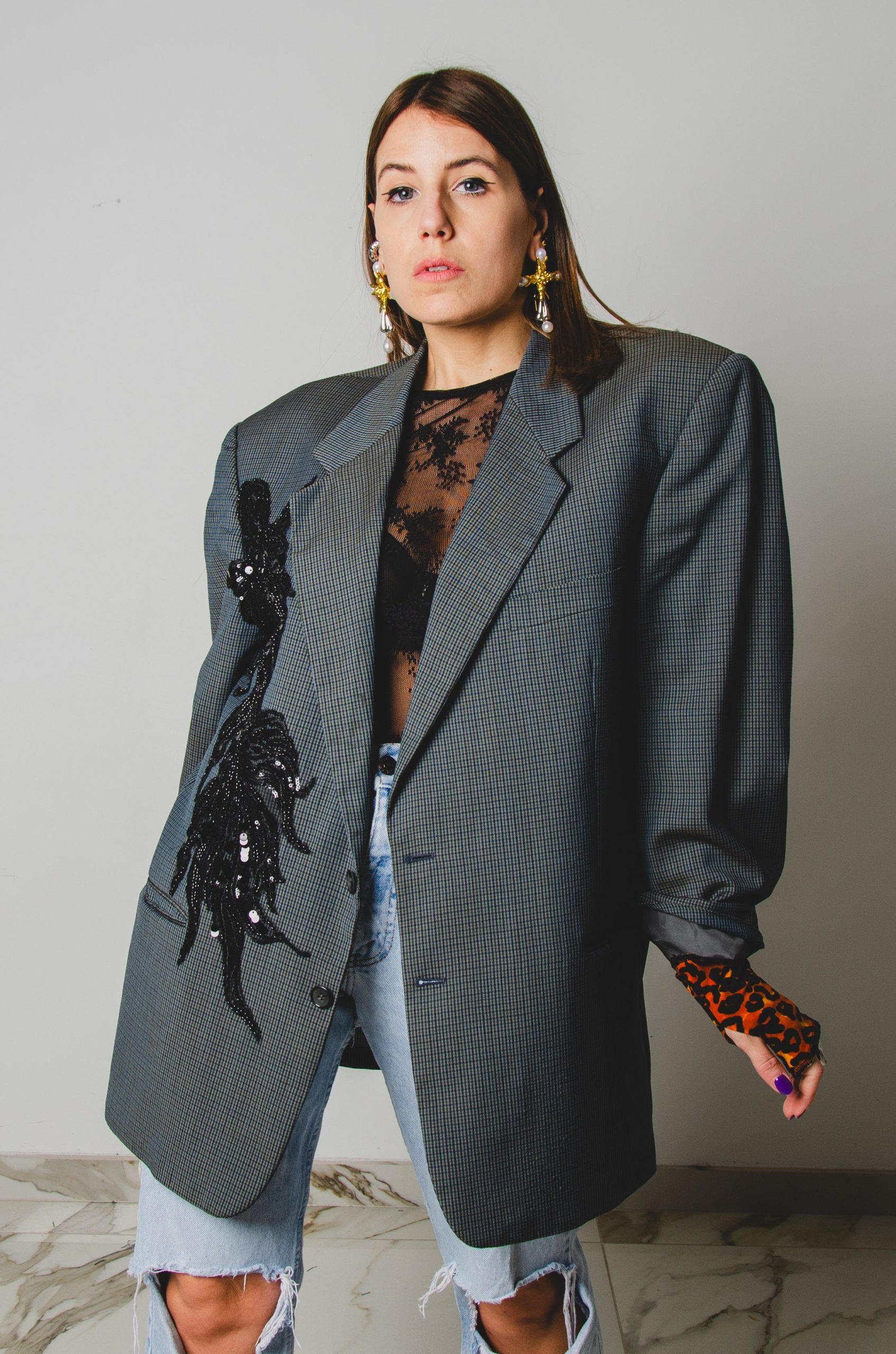 323 Giacca a quadretti verde in pura lana vergine con applicazione di pietre e paillettes cucita a mano  Tg 54/56