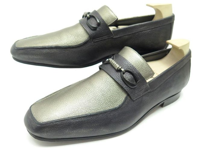 SCARPE CORTHAY CANNES 9 43 MOCASSINI IN PELLE BICOLORE NERO E ARGENTO