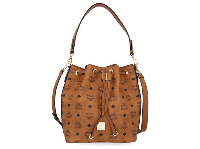 MCM Borsa Essential con coulisse con LOGO Marrone Beige