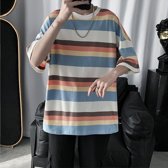 T-shirt casual a righe teenager loose fit in stile coreano