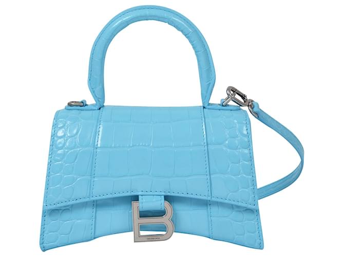 Balenciaga Borsa Xs con manico superiore a clessidra in pelle goffrata lucida blu