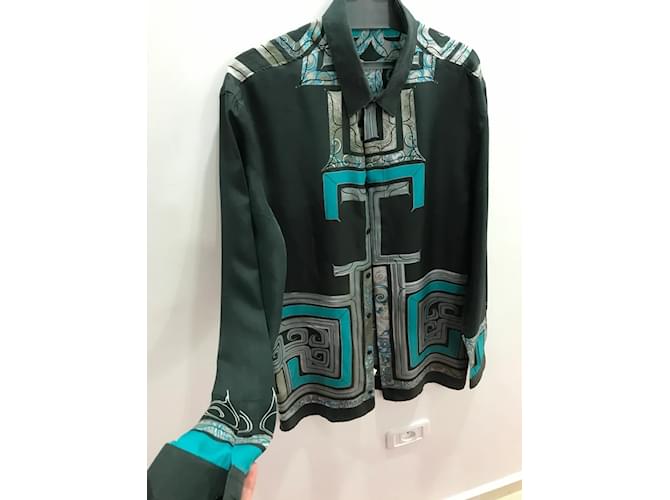 Collezione VERSACE 100% camicia di seta con bottoni Blu