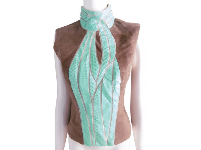 Top vintage in pelle scamosciata color carne di Gianni Versace Couture Marrone Verde