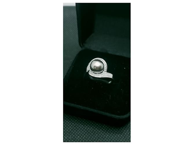 inconnue Bellissimo anello d'oro 18K Pavimentazione di perle di Tahiti diamanti 0,50 CT T 54 P 7,41 gr Argento