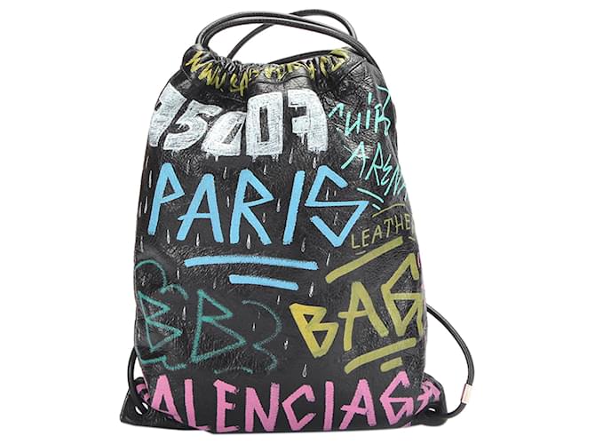 Zaino Balenciaga in pelle nera con coulisse Explorer Graffiti Nero Multicolore