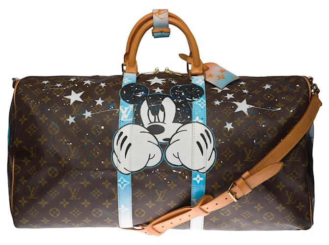 Abbesses Eccezionale borsa da viaggio Louis Vuitton Keepall 55 tracolla cm in tela monogram marrone e pelle naturale personalizzata "Mickey Fight Club II"