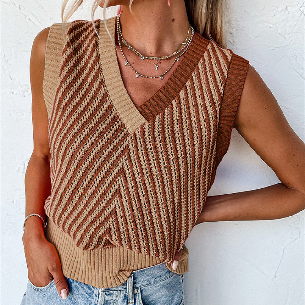 Top in viscosa con scollo a V design geometrico senza maniche da donna in stile coreano