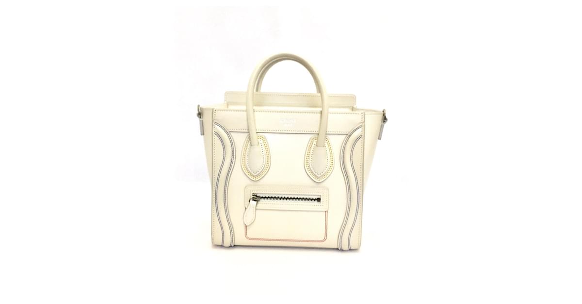 Borsa Céline Nano Luggage in pelle crema con rosso, rifiniture a punto giallo e blu Bianco Crudo