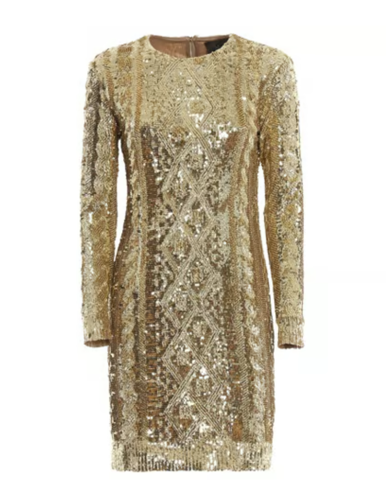 Abito a tubino decorato con un motivo a trecce e paillettes oro