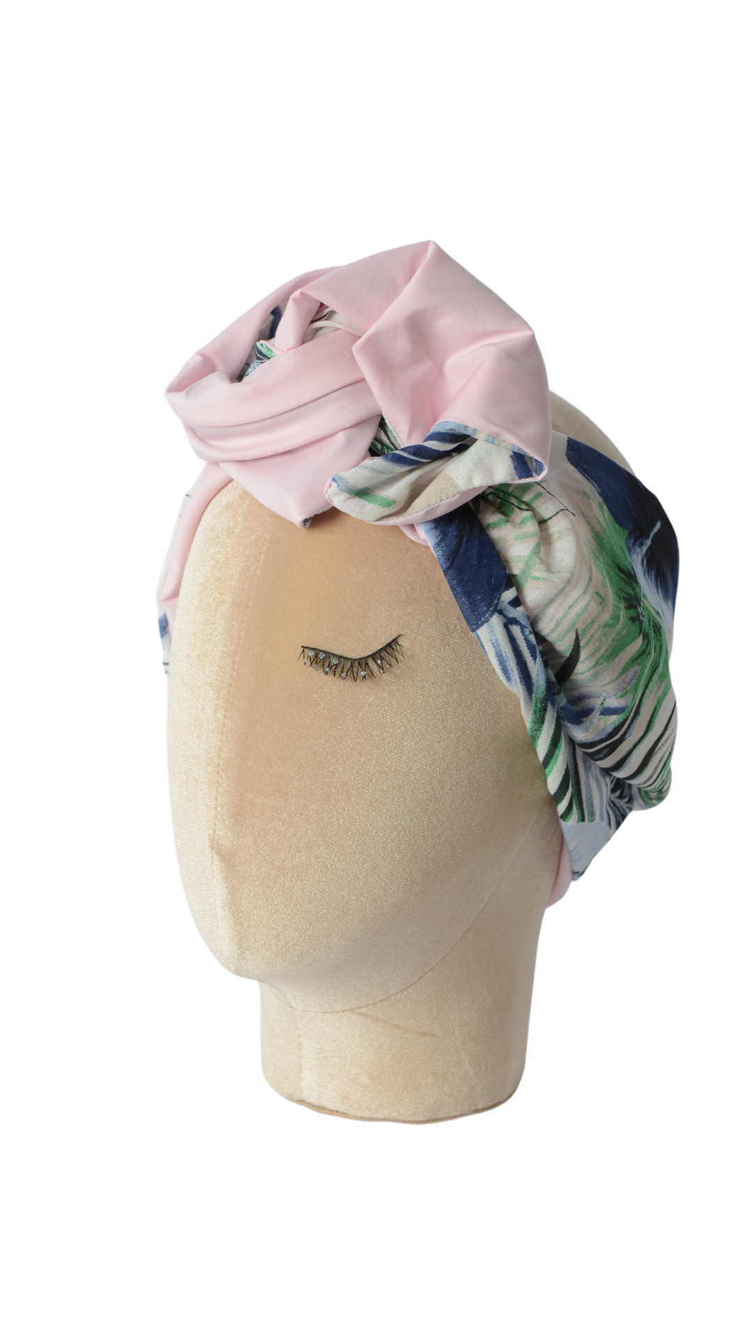 Fascia modellabile per capelli in cotone rosa e con fantasia a fiori blu double-face